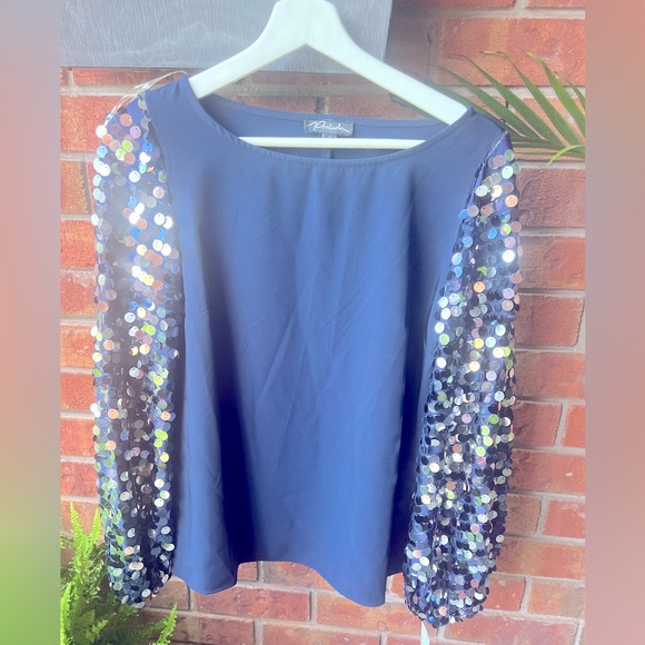 Prelude. Sequin Long Puff Sleeve Navy Tops - Picture 1 of 4